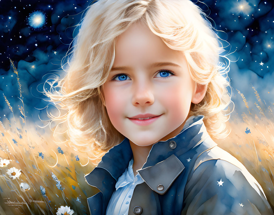 Digital artwork: Young child with blonde hair in coat under night sky