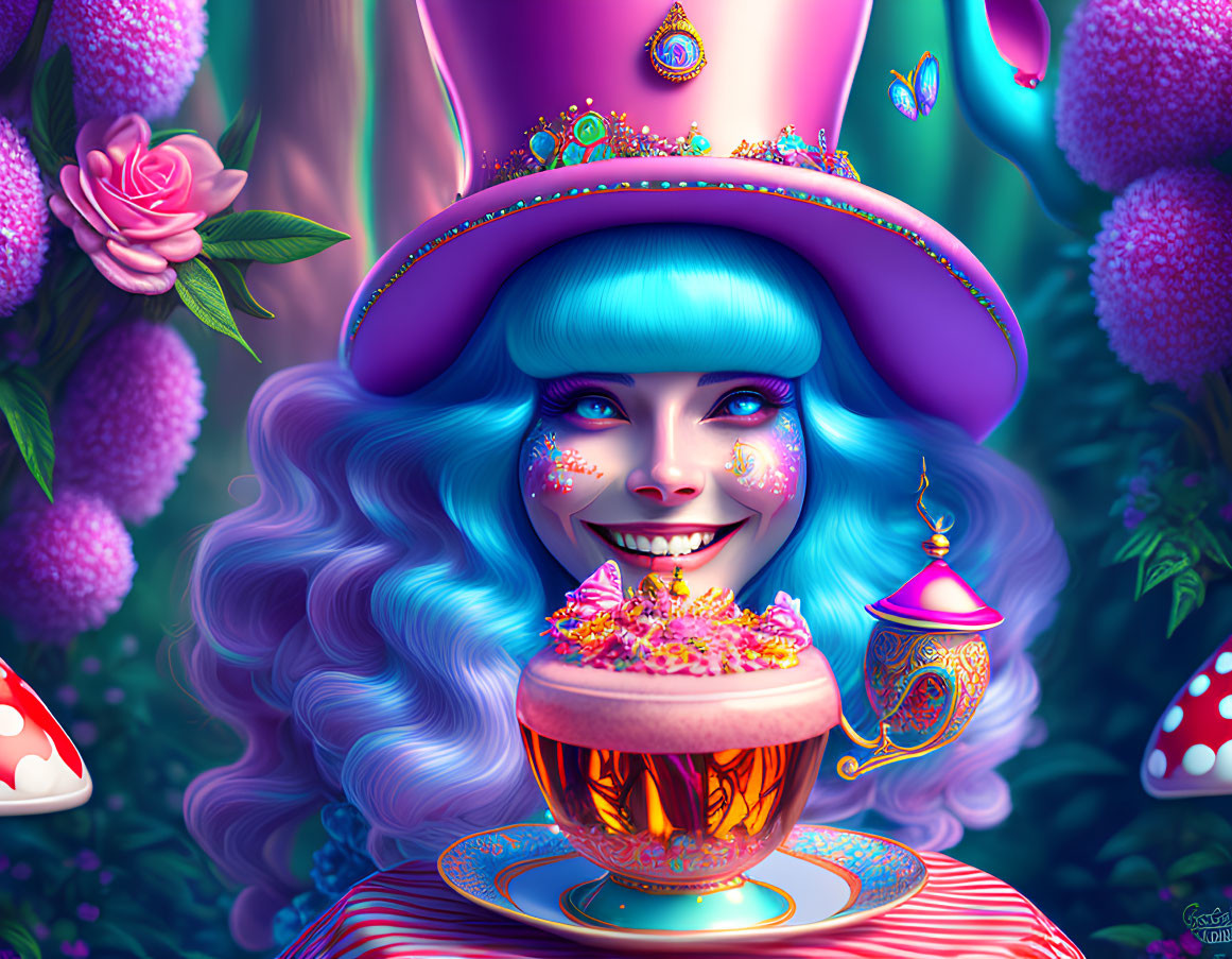 Colorful illustration of female character with blue hair and pink hat, surrounded by flowers and butterflies, holding