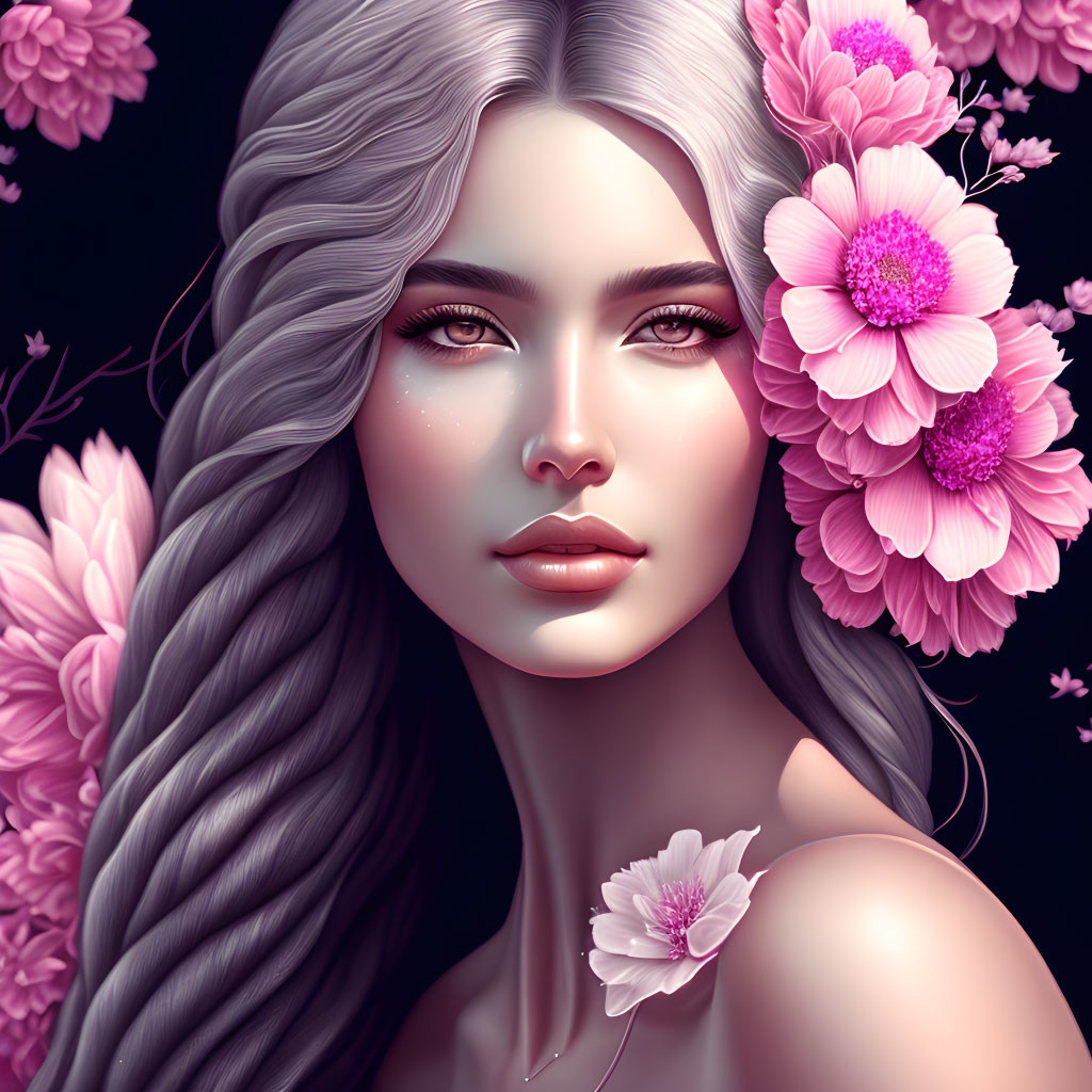 Woman with Long Silver Hair and Pink Flowers Illustration