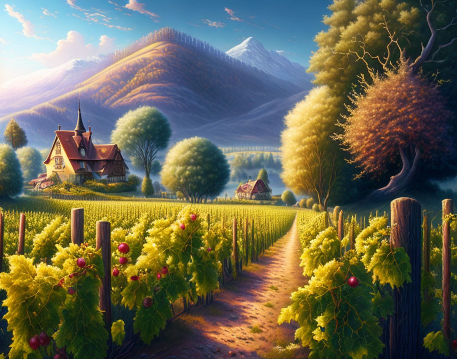 Tranquil countryside landscape with vineyard, houses, hills, and mountain