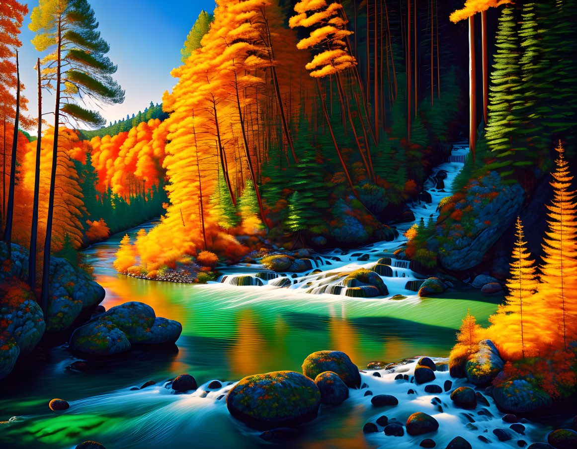 Autumnal scene with vibrant trees, cascading stream, and blue sky