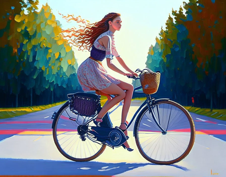 Woman riding bicycle in vibrant sunlit woods with flowing hair.