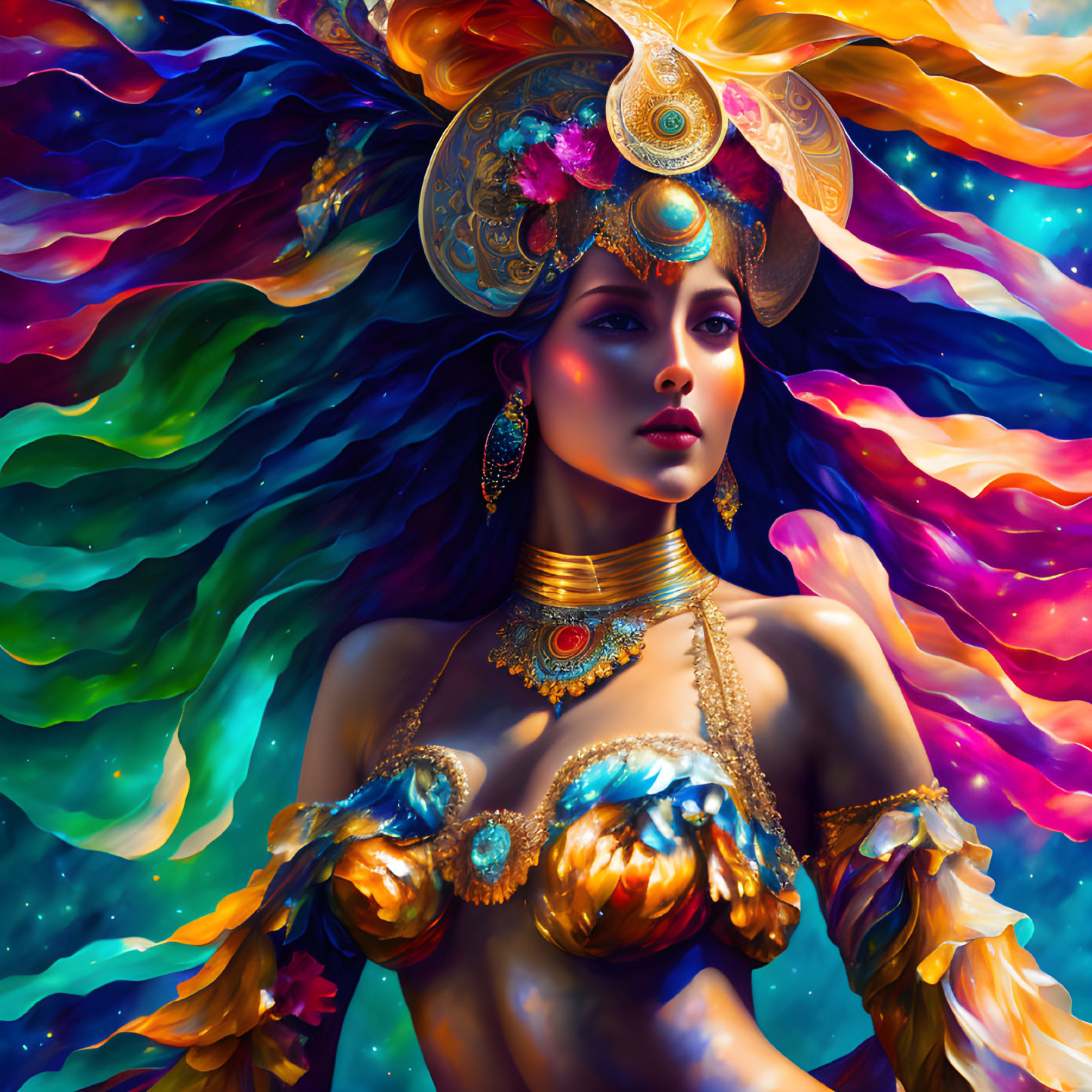 Colorful illustration of woman with ornate headgear and flowing multicolored hair.