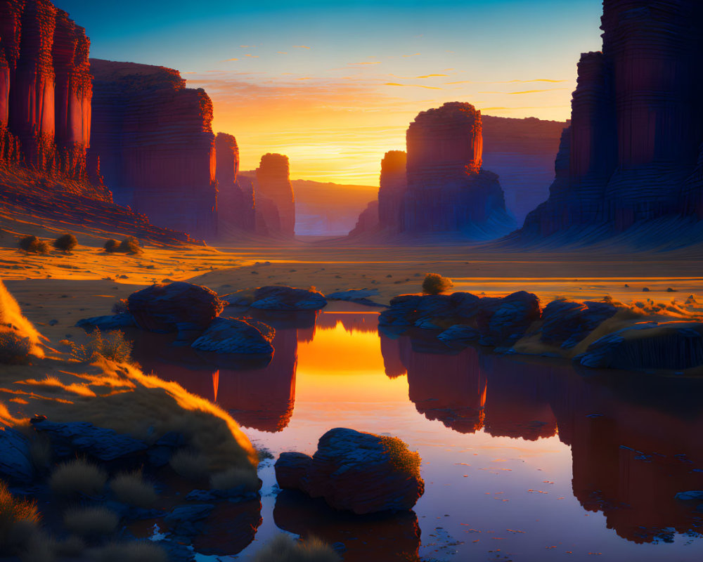 Colorful sunset reflection on water in desert canyon under clear sky