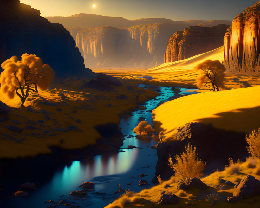 Serene canyon landscape with meandering river and towering cliffs