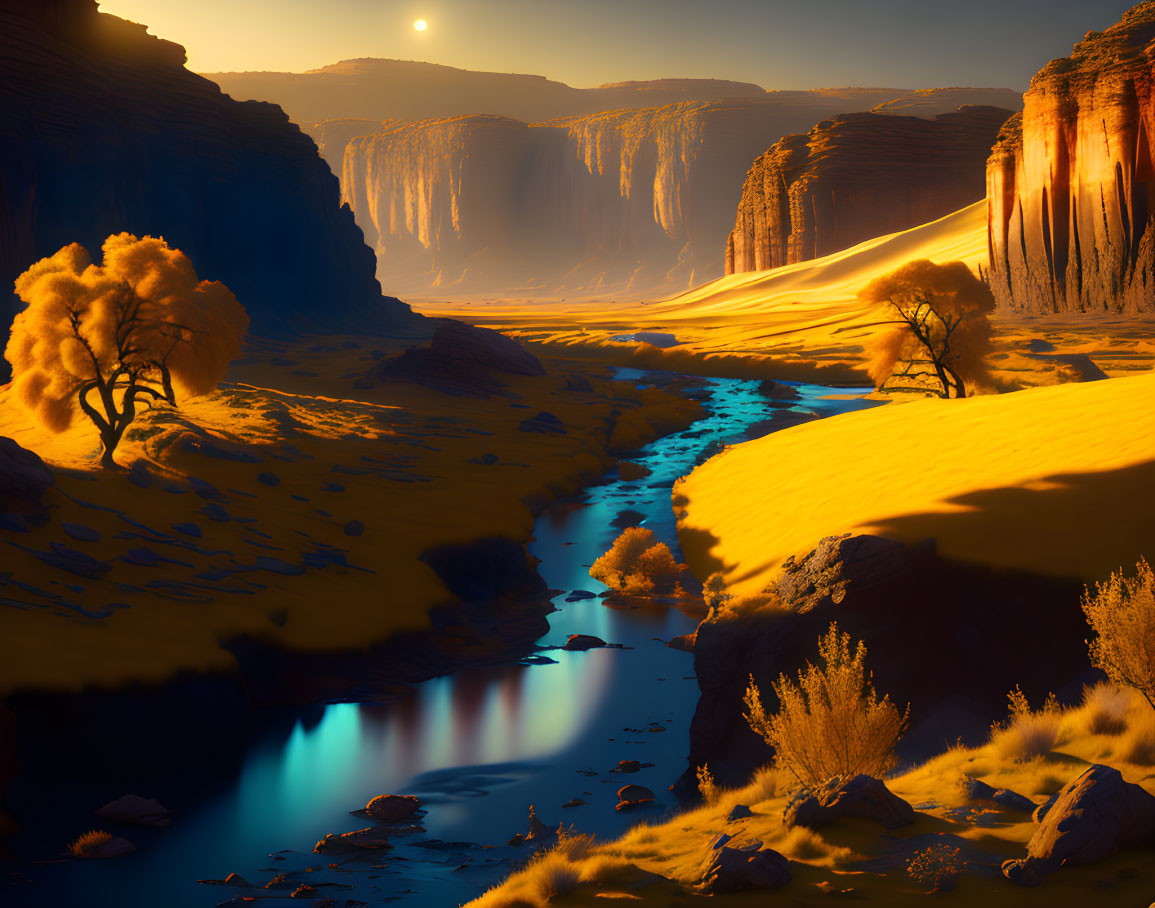 Serene canyon landscape with meandering river and towering cliffs