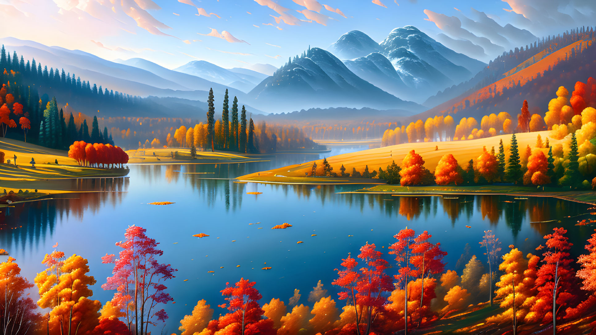 Scenic autumn landscape with lake, colorful trees, and mountains