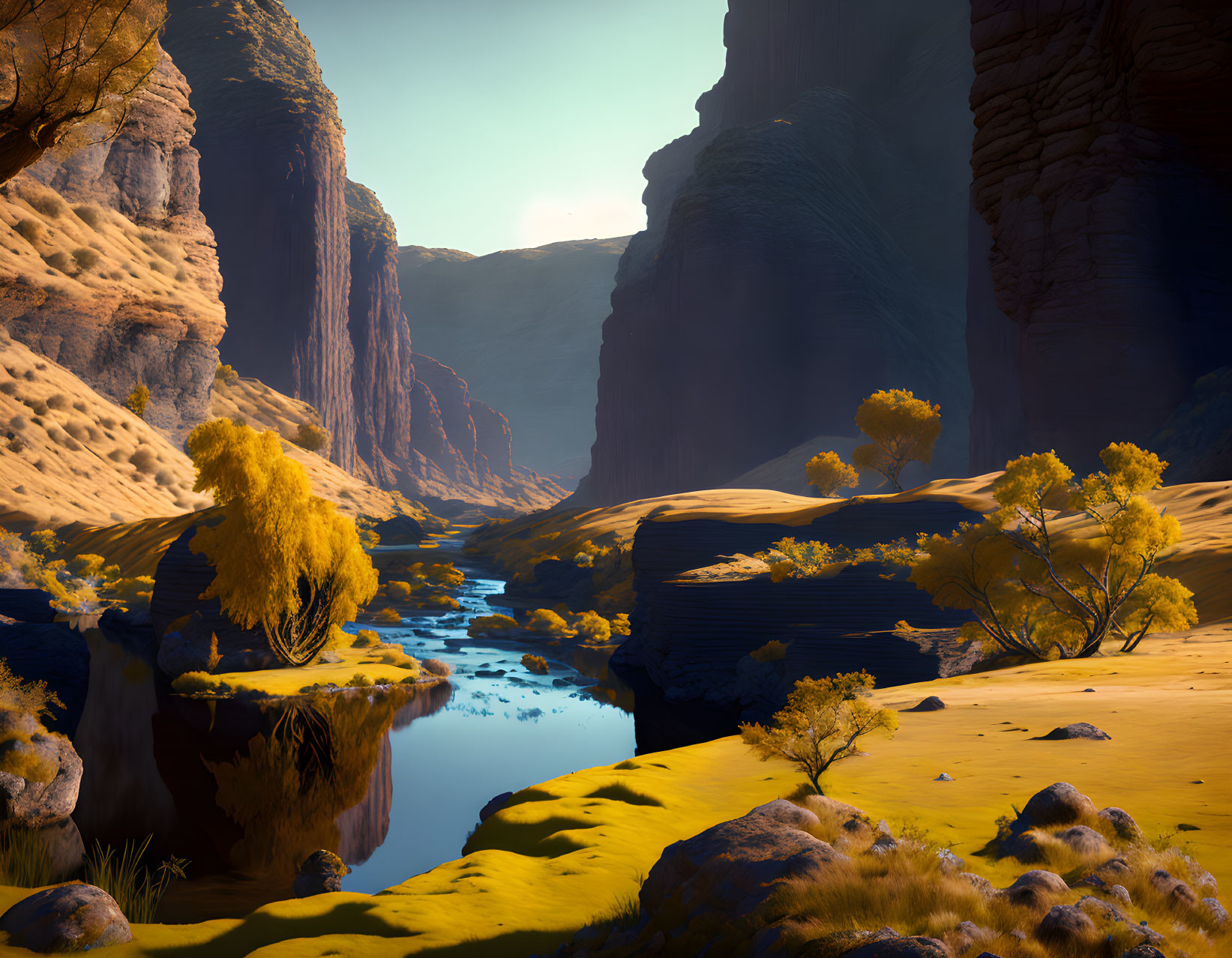 Majestic canyon landscape with river, cliffs, and yellow foliage