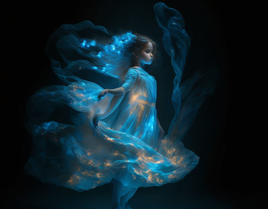 Ethereal person in glowing blue dress against dark background