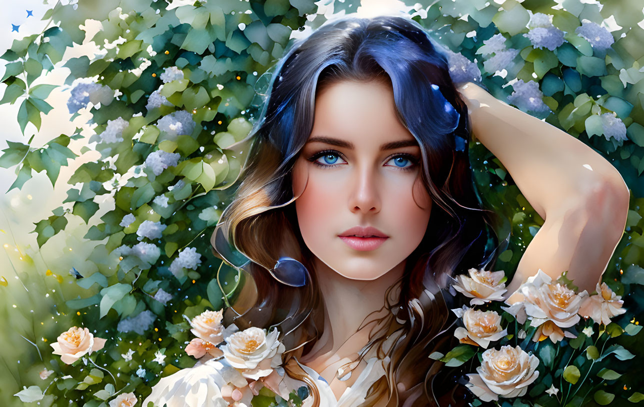 Digital Artwork: Woman with Blue Eyes in Greenery and White Roses