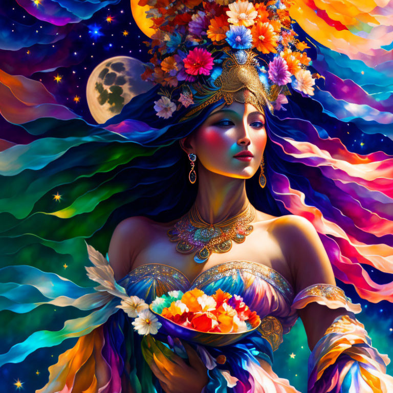 Vibrant artwork of woman with floral headdress in cosmic setting