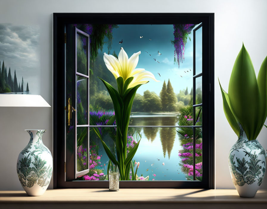 Serene lake view through open window with vases, flower, and butterflies