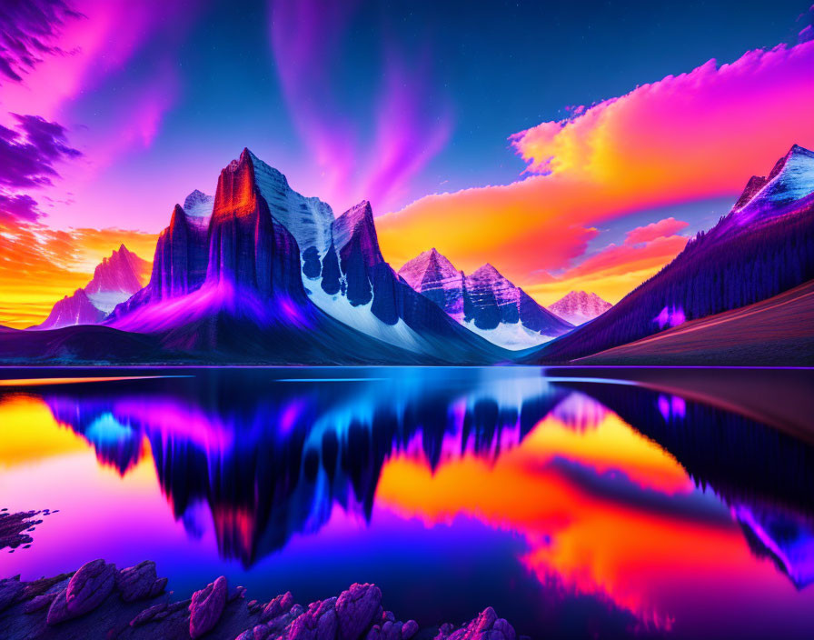 Scenic sunset with purple and orange hues over mountain range and tranquil lake.