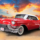 Classic Red Car with White-Wall Tires in Vibrant Sunset Scene