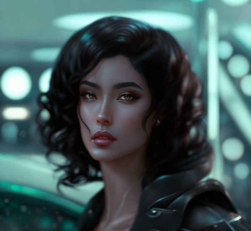 Digital art portrait of woman with black curly hair and golden eyes against futuristic neon-lit backdrop