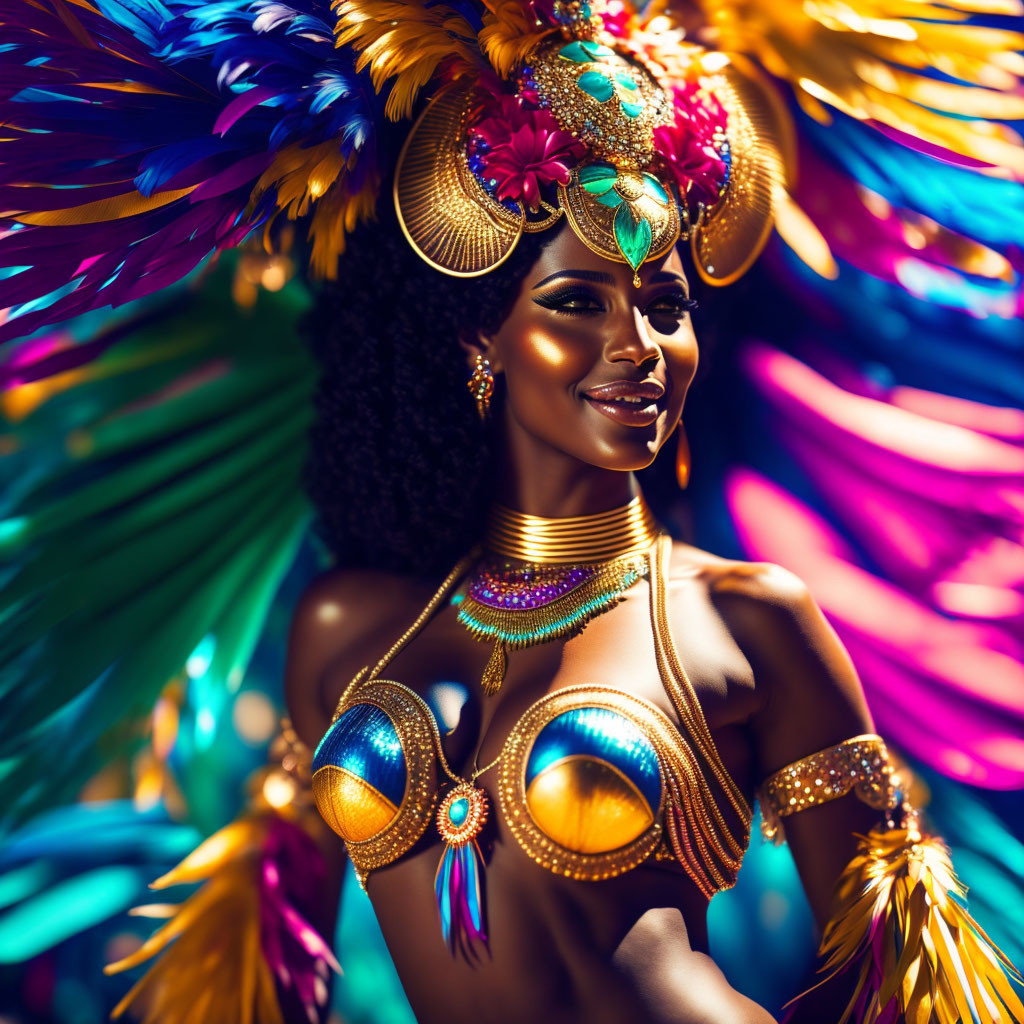 Woman in vibrant carnival attire with feathered headdress and golden jewelry smiling on iridescent background