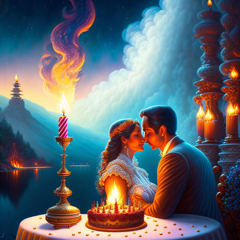 Couple embracing by tiered cake with candles, starry sky backdrop