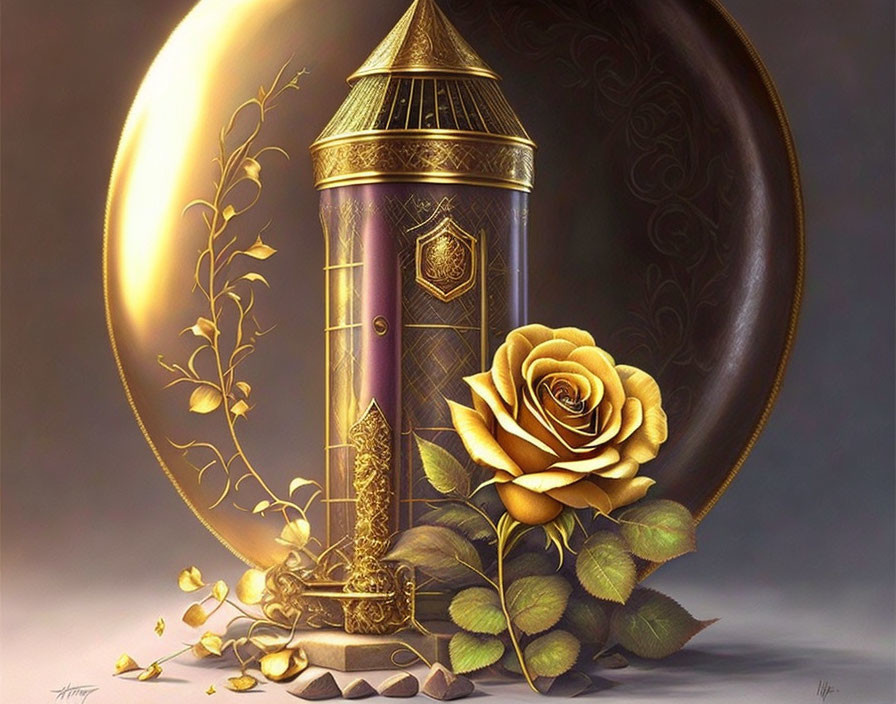 Golden cage with vibrant rose, crescent moon, intricate patterns.