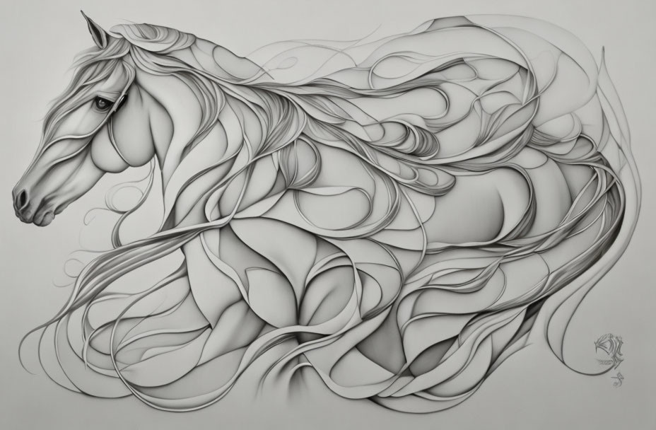 Monochromatic horse drawing with stylized flowing mane and body