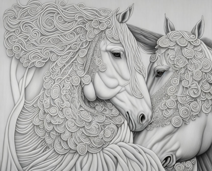 Intricately patterned grayscale horses with swirling mane designs