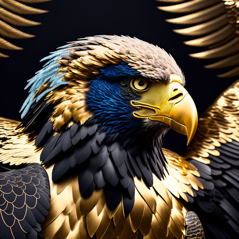 Detailed Eagle Graphic: Gold and Blue Feathers on Dark Background