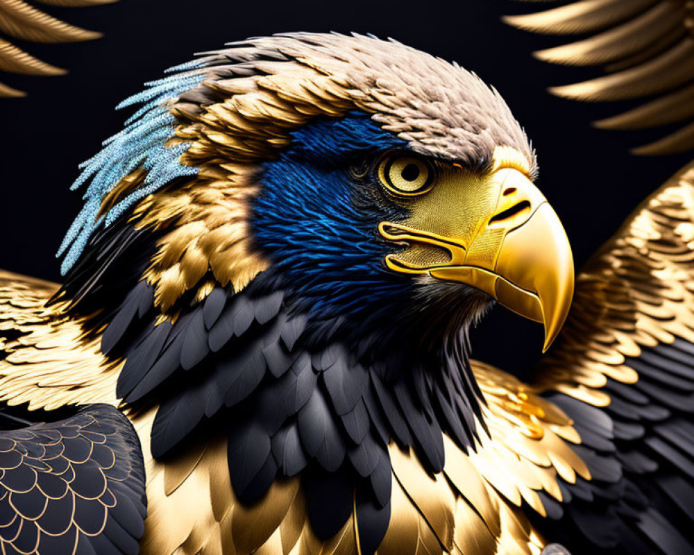 Detailed Eagle Graphic: Gold and Blue Feathers on Dark Background