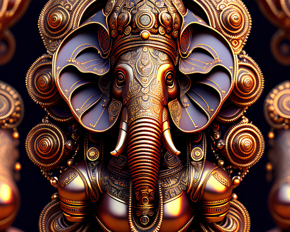 Stylized elephant head artwork with intricate metallic patterns