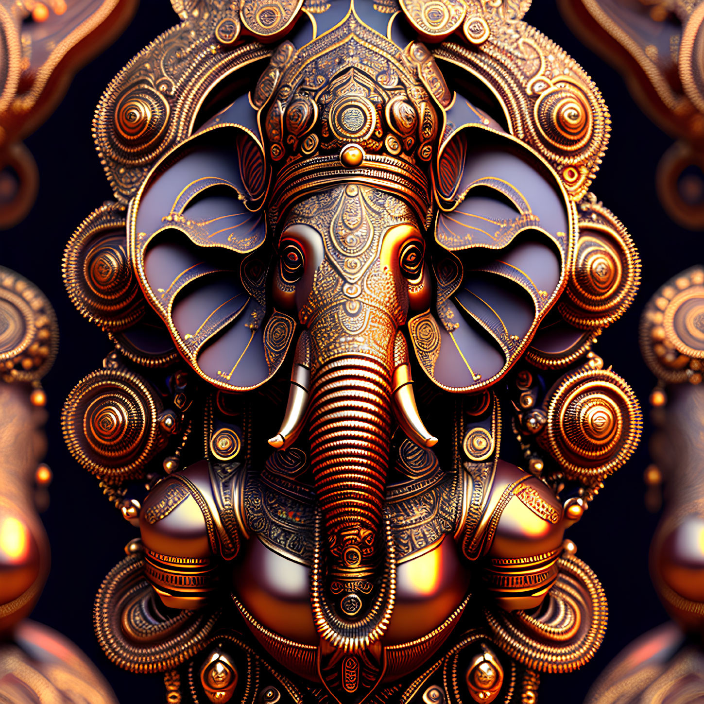 Stylized elephant head artwork with intricate metallic patterns