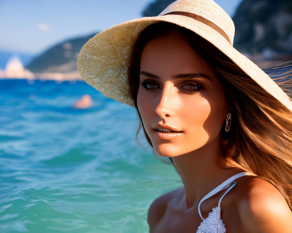 Woman in sun hat and earrings at seaside with mountains and boats.