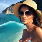 Woman in sun hat and earrings at seaside with mountains and boats.