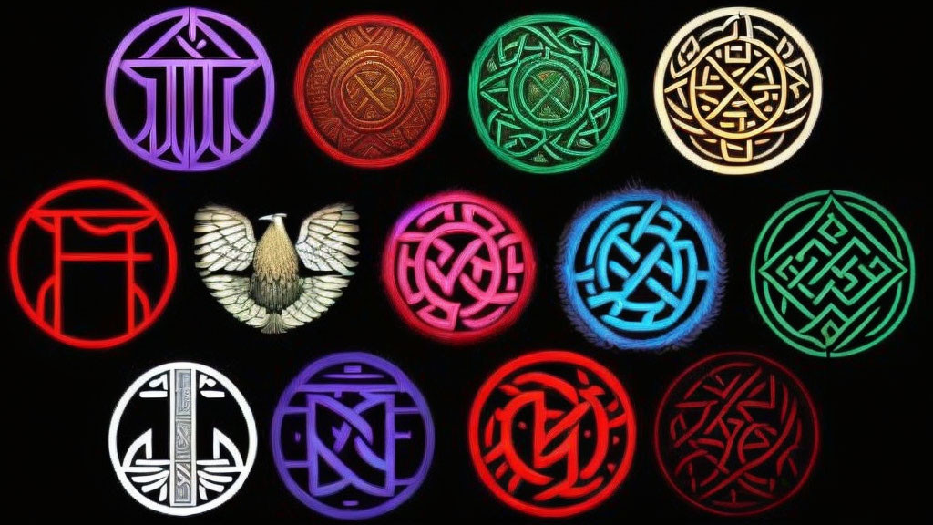 Colorful Circular Symbols with Central Emblem on Black Background