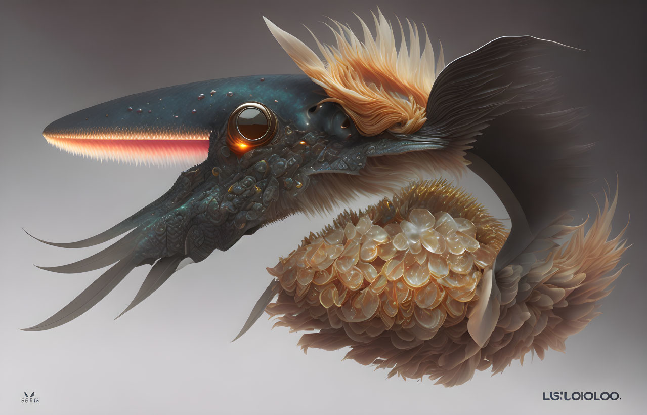 Blue aquatic avian creature with orange plumes on gray background