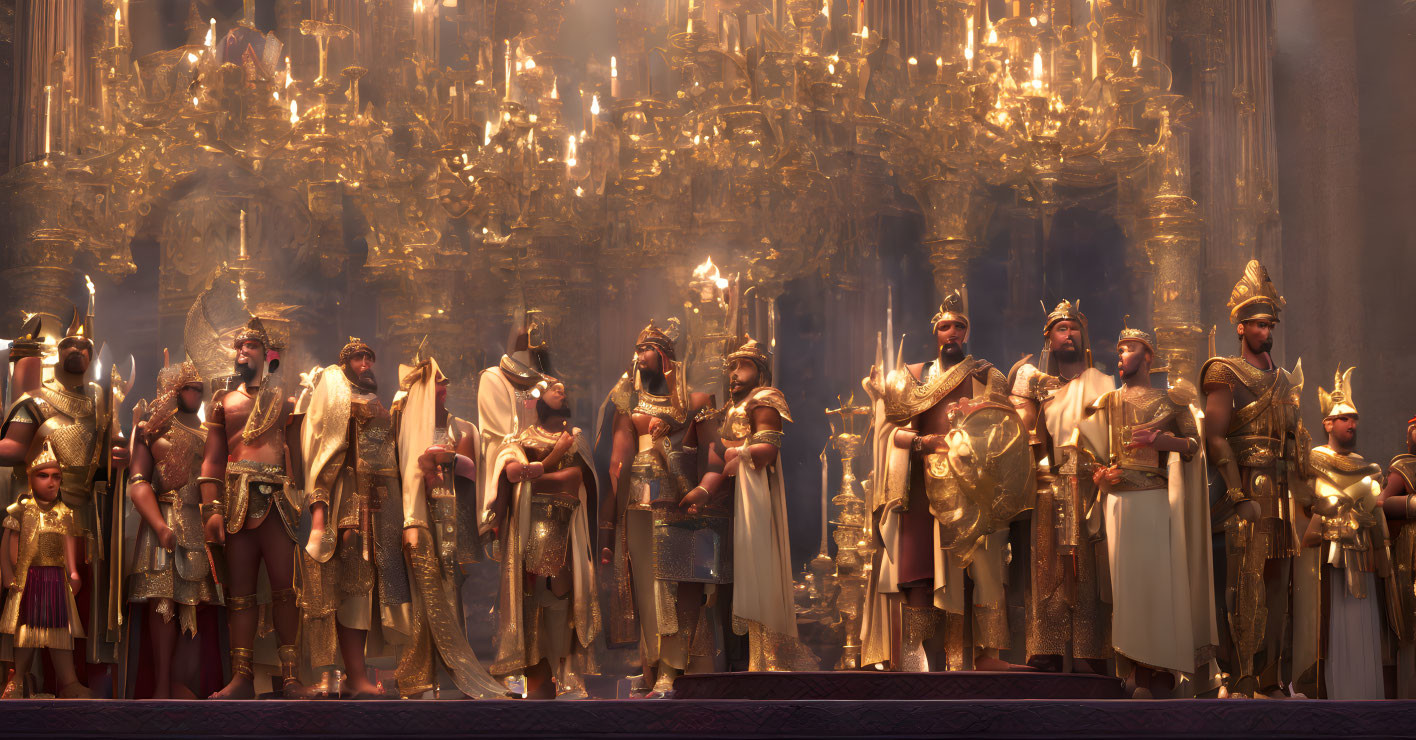 Regal figures in ornate armors and robes with glowing candles and towering columns