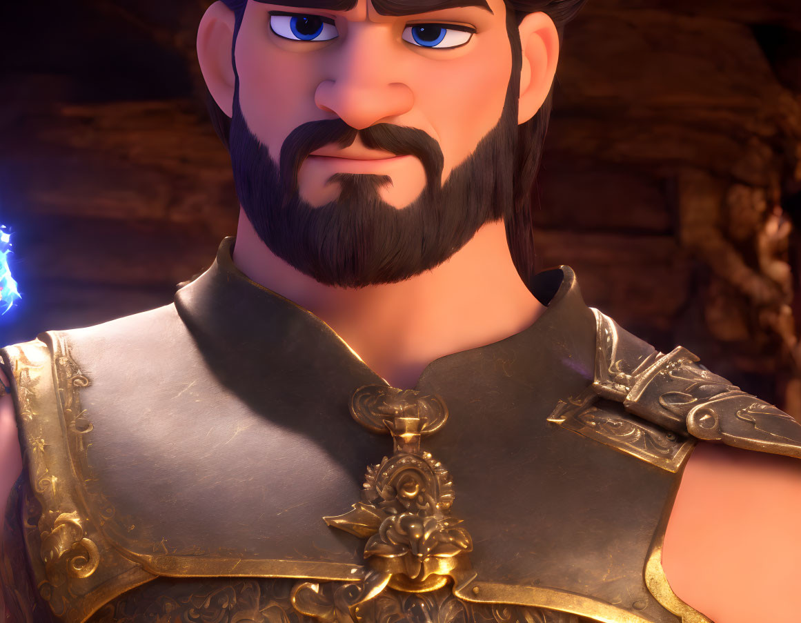 Bearded animated character in ornate armor with intense blue eyes in warm light