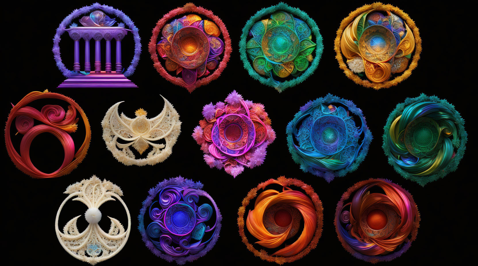 Colorful Fractal Art Collage on Black Background