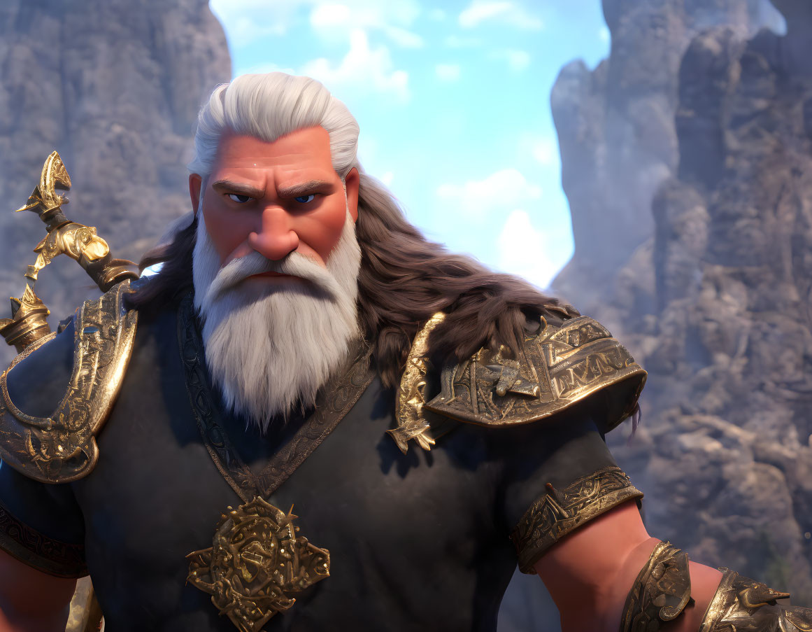 White-bearded animated character in ornate armor with scepter against mountain backdrop