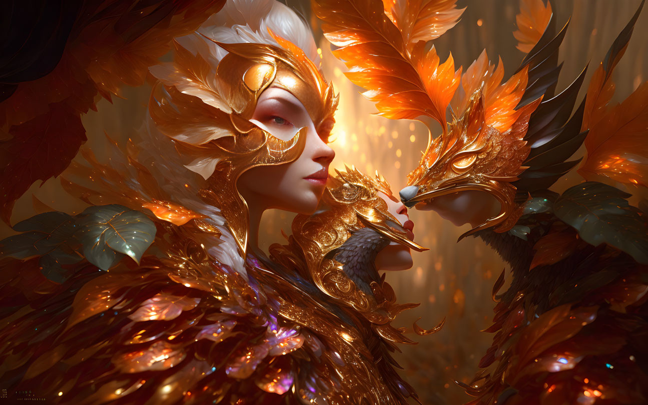 Person in Golden Fiery Bird Costume with Mask and Phoenix Companion