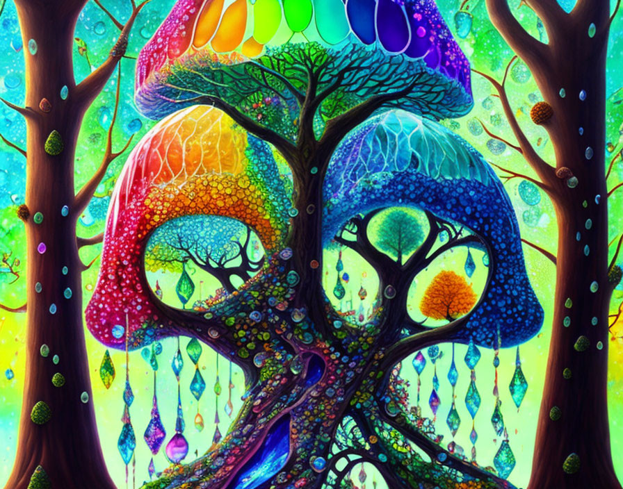 Colorful Artwork: Whimsical Trees with Intertwined Branches and Jewel-like Leaves