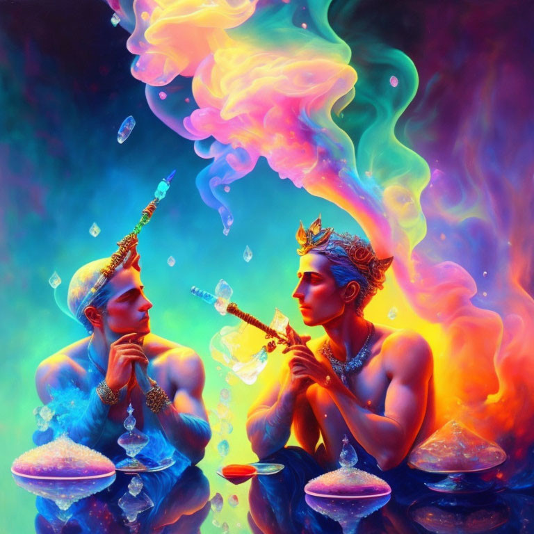 Ethereal figures in vibrant fire and water colors with conch shell.