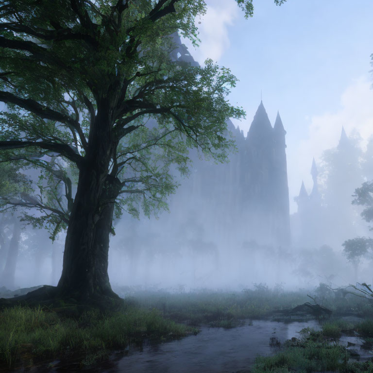 Misty forest with large tree and shadowy castle in background