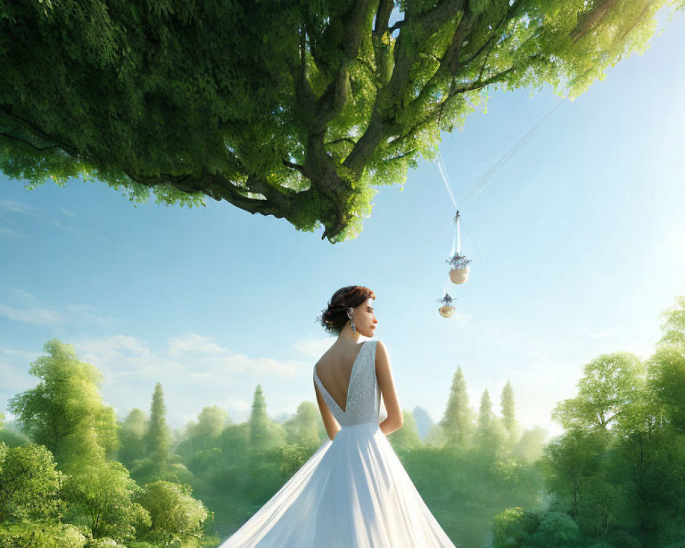 Bride in white gown under tree swing in forest setting