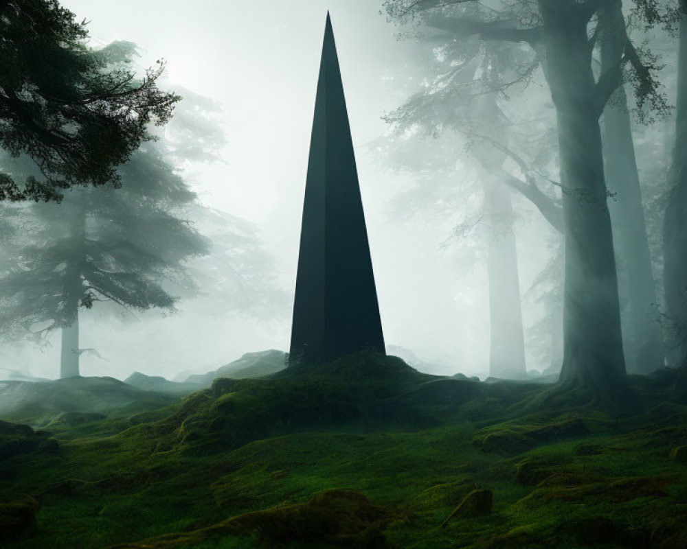 Enigmatic forest scene with fog, obelisk, moss, and silhouetted trees