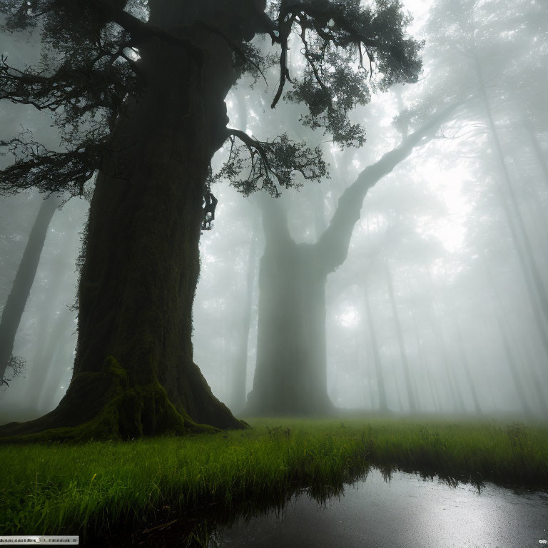 Ancient Trees in Misty Forest with Sunlight Filtering Through Fog