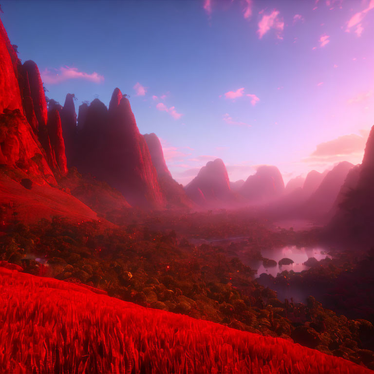 Surreal crimson sunset landscape with cliffs, lake, fog, and forest