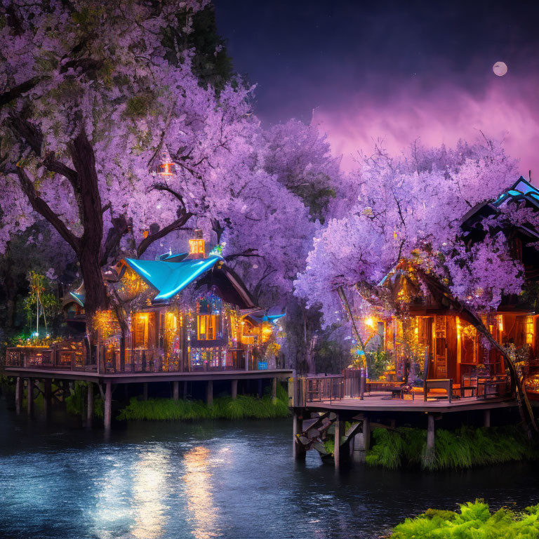 Traditional buildings illuminated by river under cherry blossoms and moonlit sky