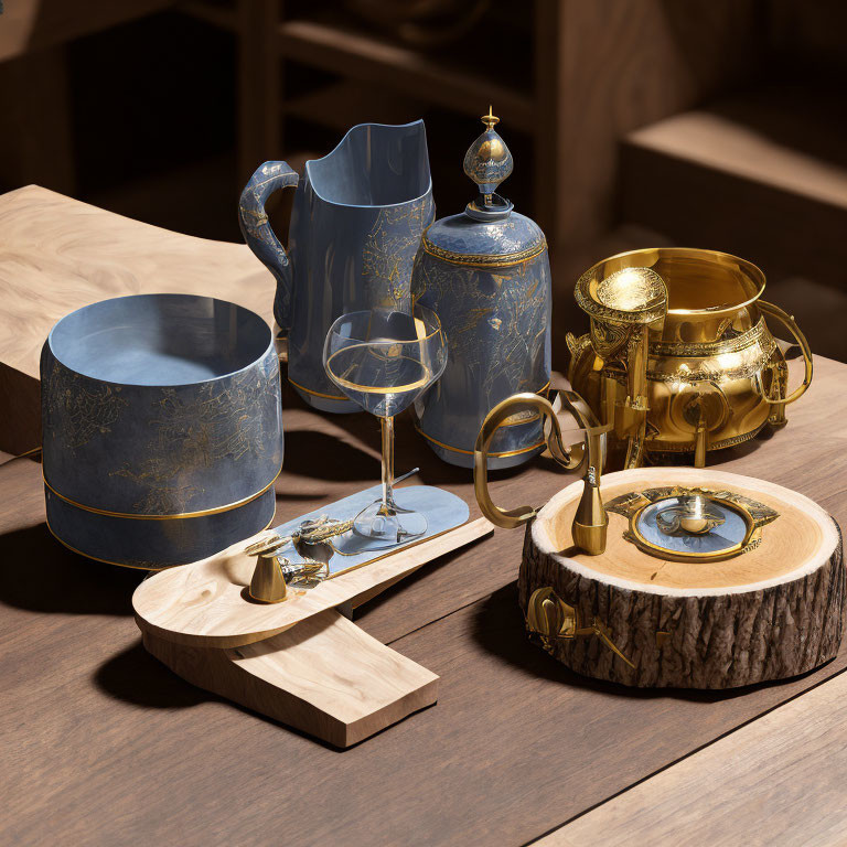 Elegant Tea Set with Gold Accents and Blue Patterns