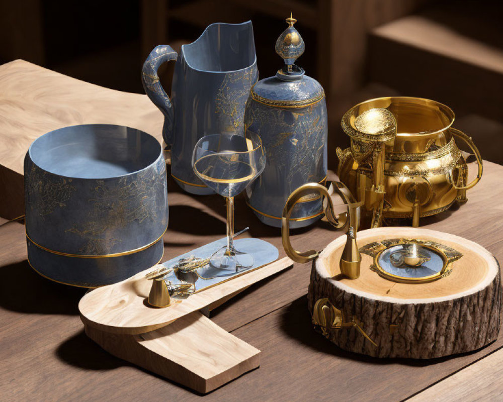 Elegant Tea Set with Gold Accents and Blue Patterns