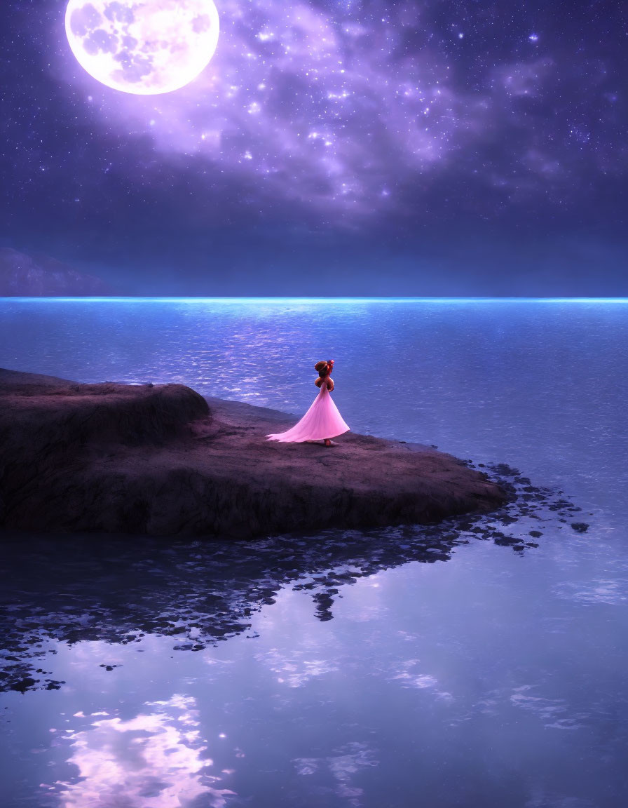 Woman in Pink Dress on Cliff Overlooking Luminous Blue Sea