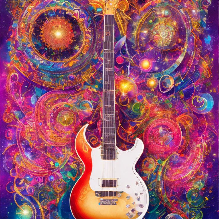 Colorful surreal illustration: Red and white electric guitar with cosmic backdrop