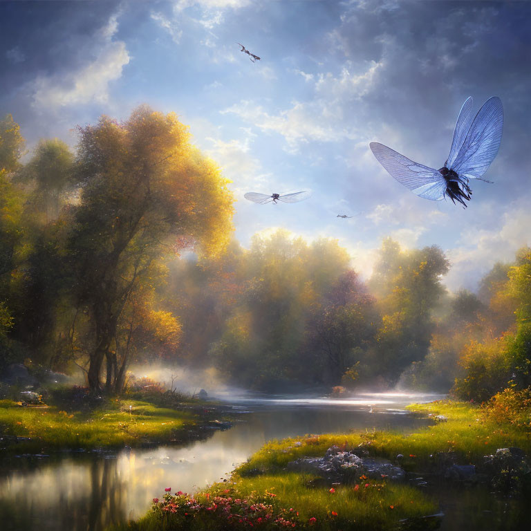 Tranquil Landscape with Trees, River, Sunlight, Dragonflies, and Birds